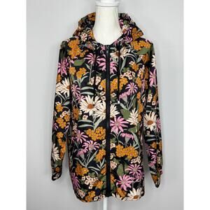 Princess Highway Hooded Zip Up Raincoat Women Large Black Pink Floral Feminine